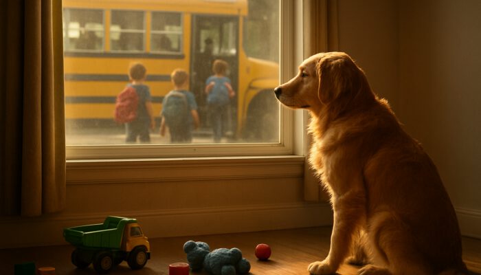 Lonely golden retriever watches kids board school bus from sunlit window
