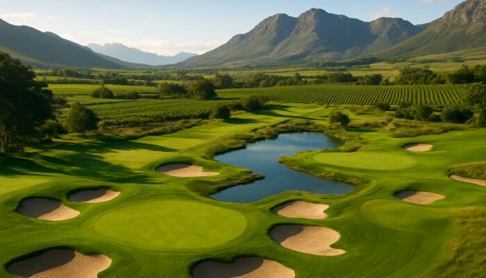 South African Winelands golf course with rolling fairways, vineyards and mountains
