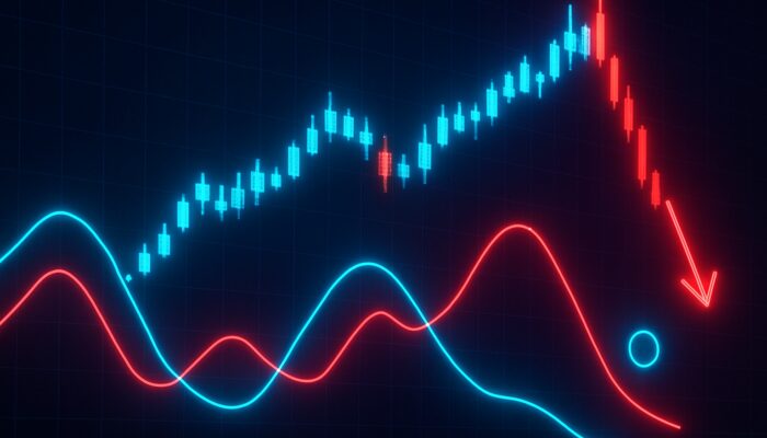 Cyberpunk trading chart featuring neon stochastic oscillator divergence on glowing candlesticks signaling reversal