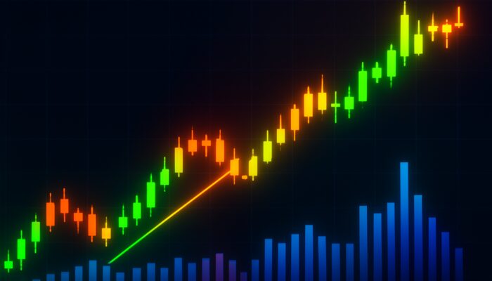 Trading chart featuring glowing candlesticks and volume bars confirming bullish breakout