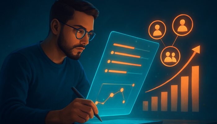 Content creator structuring ideas with headings on holographic screen linked to audience icons and SEO charts