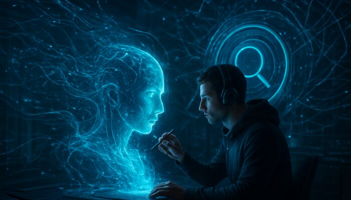 Futuristic creator sculpting holographic content into AI search interface amid cyberpunk neural networks