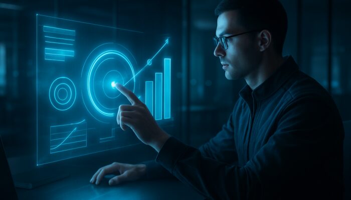 Futuristic analyst refining holographic SEO metrics and rising search rankings in cybernetic workspace.