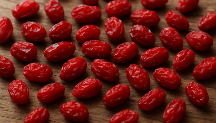 Close-up of vibrant crimson dried barberries scattered on rustic wood in soft natural light.