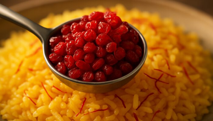 Close-up of measuring spoon with red dried barberries above saffron rice in golden light