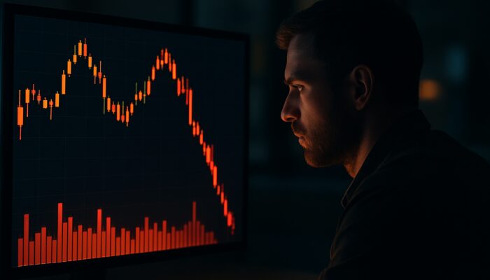 Trader analysing glowing candlestick chart with head-and-shoulders pattern and red volume bars in dark office.