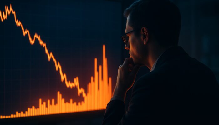 Trader analysing glowing charts with surging volume bars and flat prices in dim office.