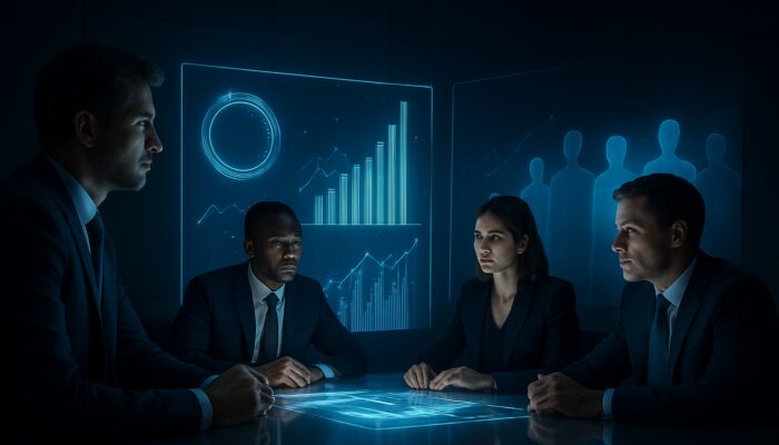 Executives analysing holographic charts comparing website traffic, conversions, and engagement metrics against rivals