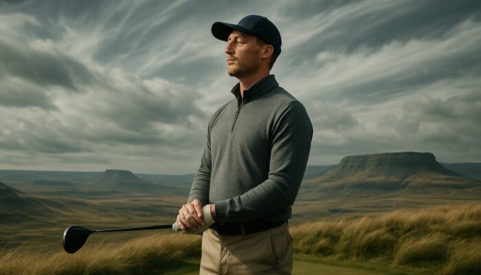 Serene golfer deep breathing on windswept Highveld tee under dramatic skies with swirling winds
