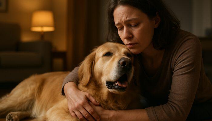 Concerned owner cradling lethargic golden retriever coughing with labored breaths at home