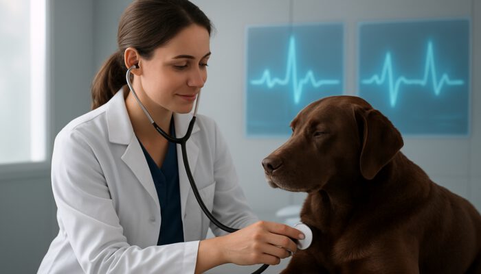 Veterinarian using digital stethoscope on calm dog with holographic heart rhythms in clinic