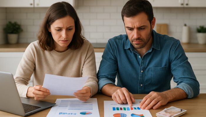 When To Keep Mortgage And Other Debts Separate | DCL UK household reviewing bank statements and cash flow charts at kitchen table for mortgage budgeting