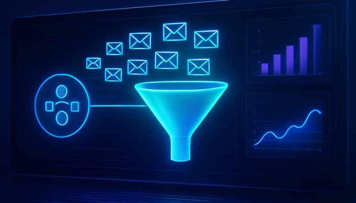 Futuristic dashboard with automated emails flowing into glowing sales funnel, CRM icons, and analytics charts.