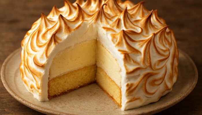 Sliced classic Baked Alaska with golden meringue, vanilla ice cream, and sponge cake on rustic plate.