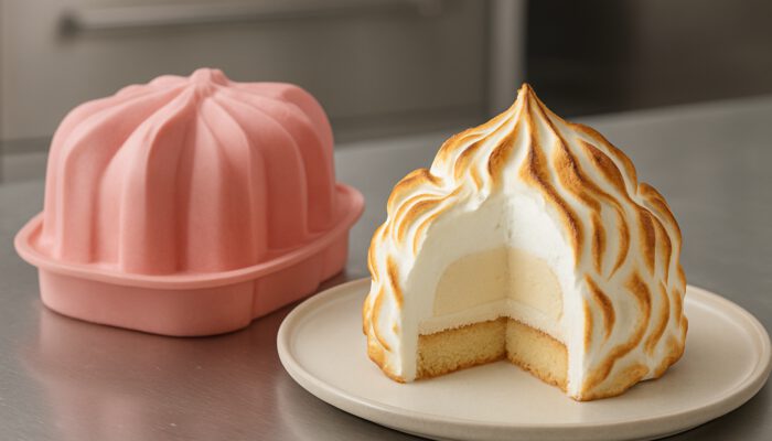 Silicone mould releasing perfectly shaped Baked Alaska with ice cream cake layers on counter