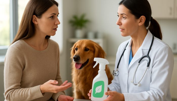Pet owner consults vet on non-toxic cleaning products with relaxed dog in sunlit clinic