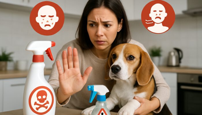 Pet owner shielding dog from phthalate and paraben spray bottles in kitchen with warning icons.