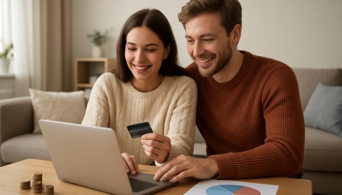 Couple smiling in modern UK living room setting spending limits on shared cards via banking app on laptop