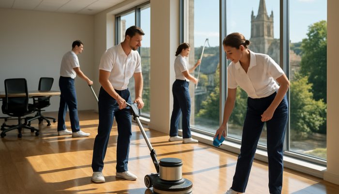 Professional cleaners maintaining spotless floors and windows in a bright Crewkerne office.