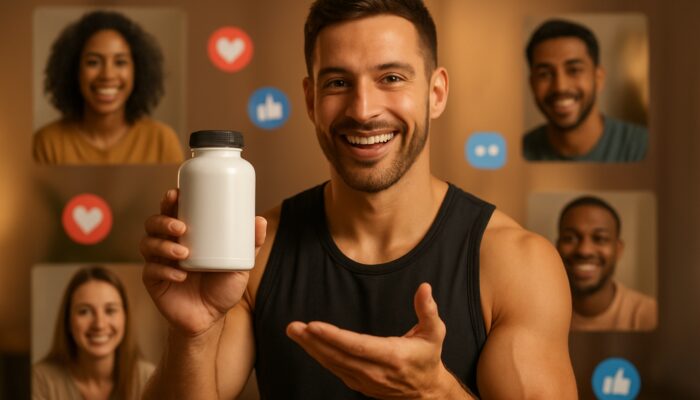 Fitness influencer engaging a diverse global audience while endorsing premium supplements