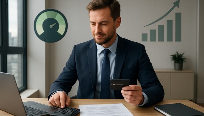 British professional pays off credit card with glowing 25% utilization meter and rising credit scores