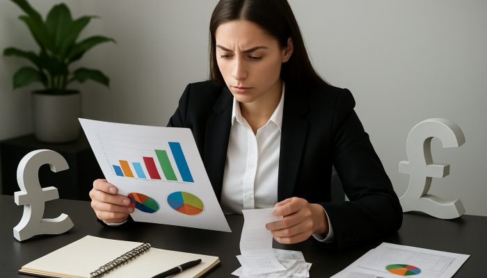 Young professional reviewing income-expense charts with British pound symbols at sleek desk