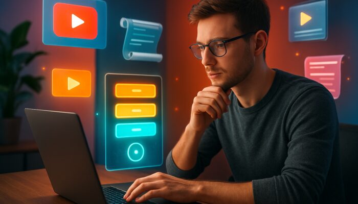 Young creator reviews glowing pricing tiers and YouTube thumbnails on laptop in vibrant studio