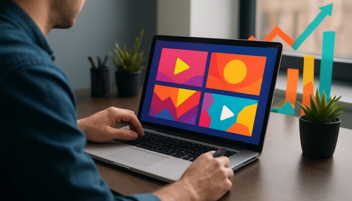 Creator designing vibrant video thumbnails on laptop with rising engagement graphs in sleek workspace