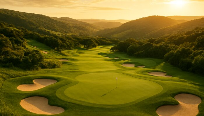 Mount Edgecombe championship golf course with pristine fairways amid lush KwaZulu-Natal hills in golden sunlight.