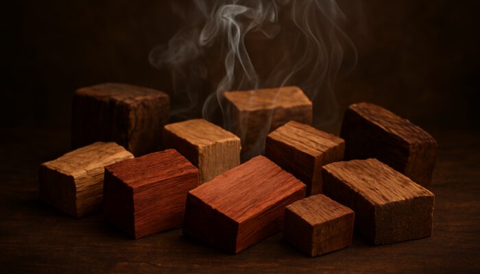 Assorted hardwood chunks of hickory, apple, cherry, maple, oak and pecan producing rising smoke