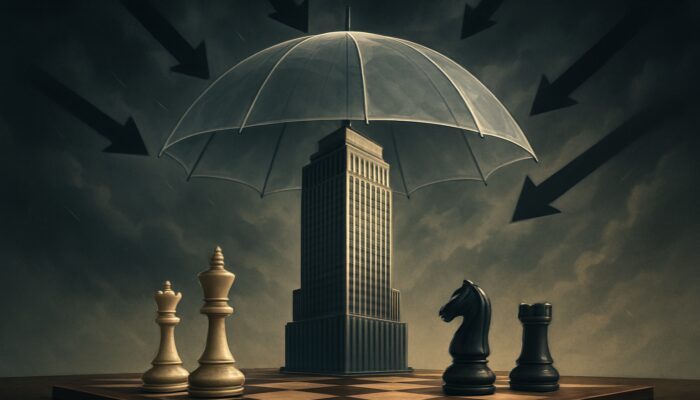 Modern skyscraper shielded by umbrella from risk arrows and storm clouds, with chess pieces for strategy.