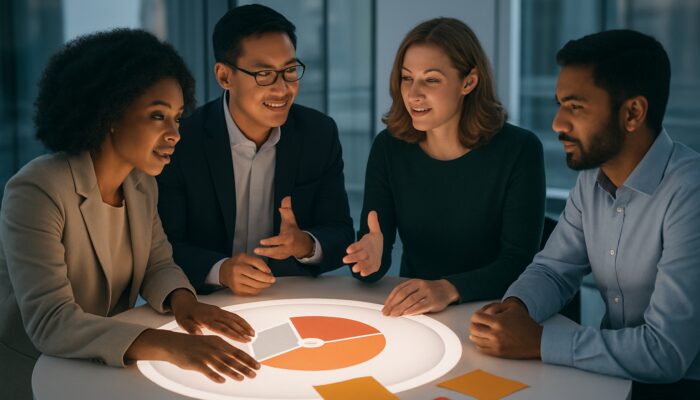 Diverse professionals collaborating around a table with risk charts for inclusive risk management feedback.