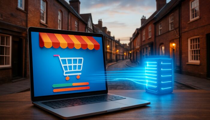 Laptop displaying a vibrant WooCommerce storefront connected to illuminated UK servers in the streets of Gillingham.