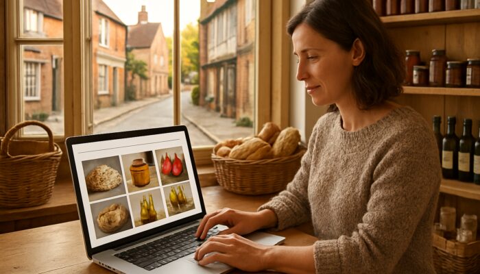 Small business owner setting up a WooCommerce store on a laptop in a cozy Gillingham shop filled with local products.