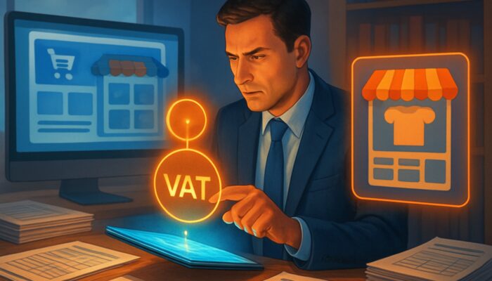 Entrepreneur adjusting VAT rates on a glowing WooCommerce dashboard amid UK tax forms in a Gillingham office.