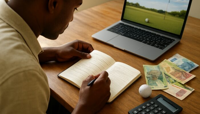 South African bettor reviewing budget notebook and golf odds on laptop with Rand notes and calculator