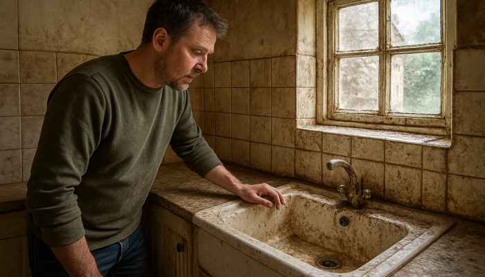 Homeowner inspecting dust-laden stained sinks and grimy tiles in aged British cottage kitchen and bathroom.