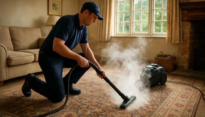 Professional cleaner steam-cleaning ornate carpets in sunlit British cottage to remove dirt and mould.