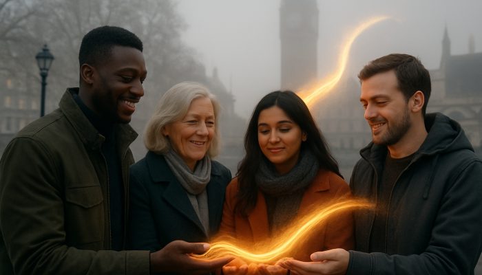Diverse Britons share glowing stories in misty London square, forming radiant banner against inequality
