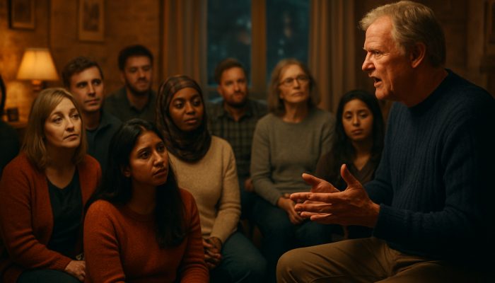 Diverse British audience listening to emotional storyteller in cozy London setting with warm lighting