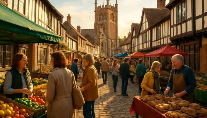 Shop owners surveying locals in sunny Wimborne Minster market amid Tudor buildings.