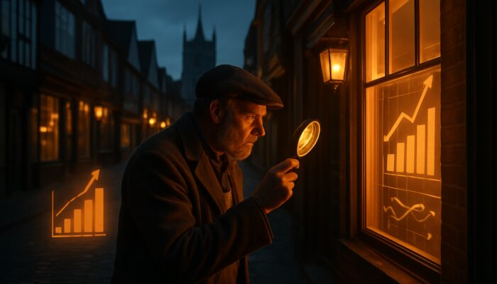 Shopkeeper analyzes competitors with magnifying glass on historic Wimborne Minster street at dusk
