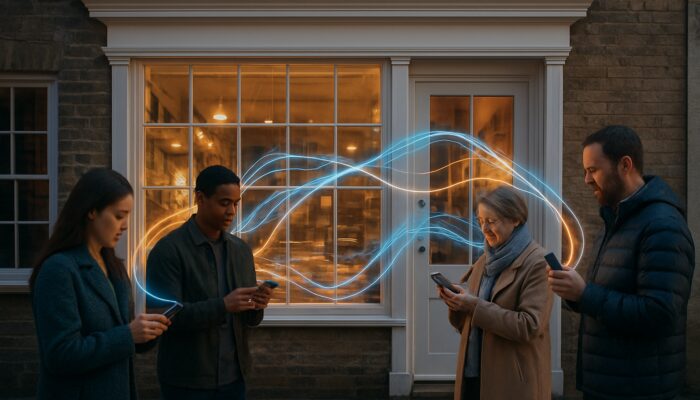 Wimborne Minster shopfront with glowing digital threads linking to UK shoppers on phones.