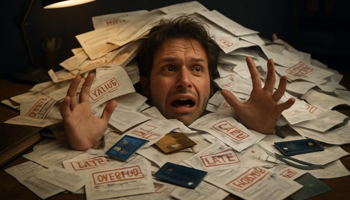 Signs You Have Too Many Separate Debts: Spot Key Indicators | DCL Person overwhelmed by chaotic pile of overdue bills and loan papers on cluttered desk