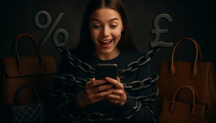 Signs You Have Too Many Separate Debts: Spot Key Indicators | DCL Young UK shopper using BNPL on phone with luxury bags as debt chains tighten.
