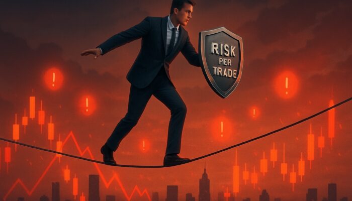 Trader balancing on tightrope over candlestick charts while holding Risk Per Trade shield
