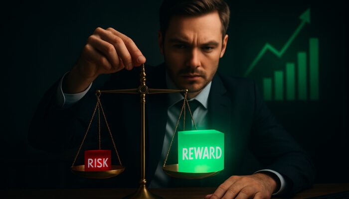 Trader weighing red risk cube vs. green reward on golden scale with 1:2 charts