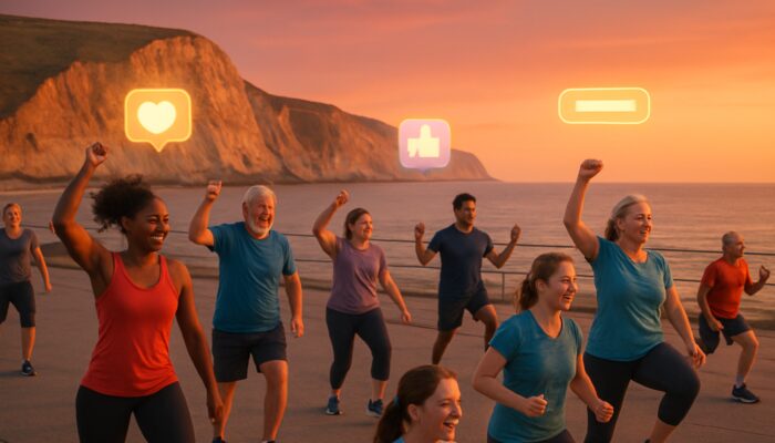 Diverse locals exercising in Dorset coastal gym class at dusk with Jurassic cliffs and marketing icons.