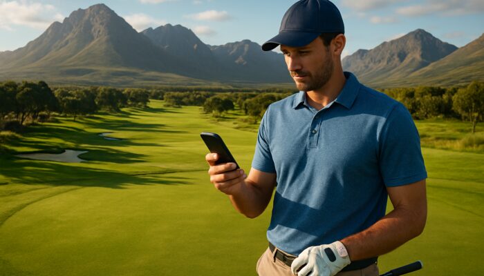 Golfer checking stats on smartphone amid Western Cape mountains and lush fairways