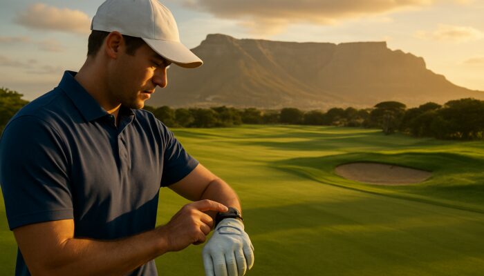 Golfer checking real-time stats on smartwatch with Table Mountain backdrop in Cape Town